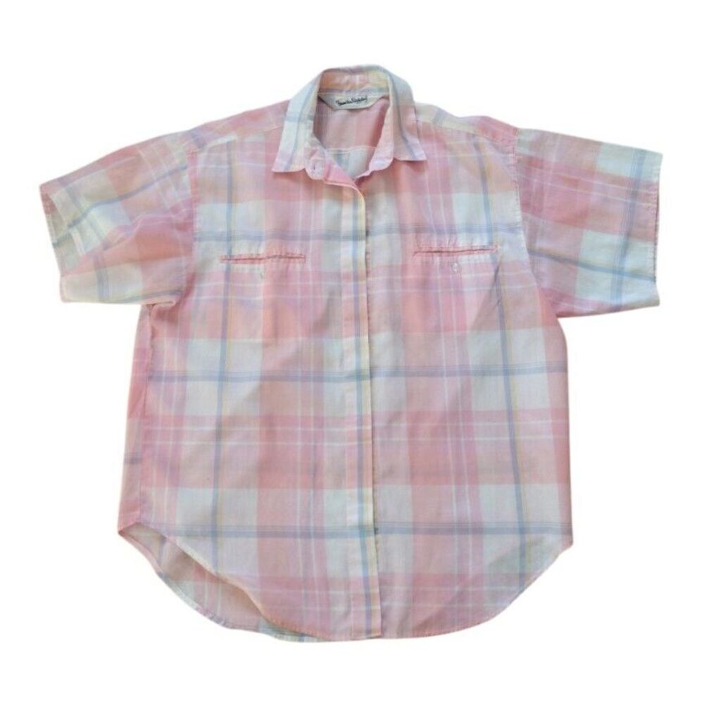 DIANE VON FURSTENBERG Button Upβ Shirt Women 10 Pink Plaid Vintage Short Sleeve